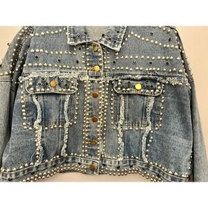 Athina Studded Cropped Denim Jacket Medium Wash Distressed Frayed Edgy Large